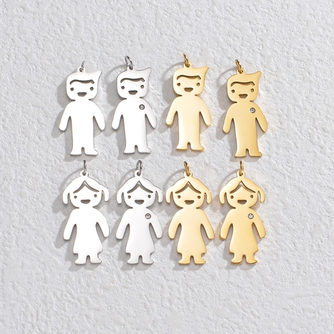 Stainless Steel Cartoon Boy Girl Pendants DIY Jewelry Making Gold Silver Plated Zirconia Person Charms For Necklace Gift