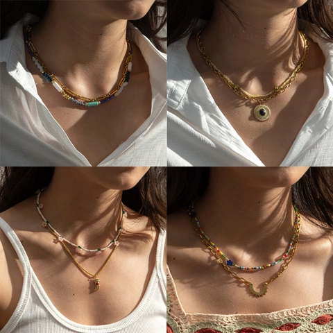 Vintage French Style Double Layer Necklace Stainless Steel Chain Colorful Beads Flower Pendant Bohemian Stacked Jewelry