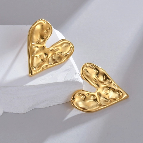 Pendientes De Botón Corazón Martillado Acero Inoxidable Textura Lava Joyería Moda Chapado En Oro Para Mujer