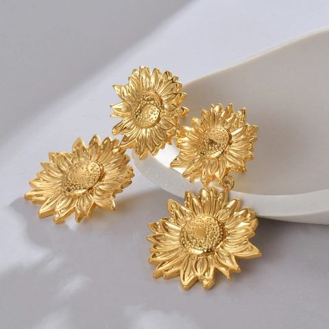 Sunflower Stud Earrings Stainless Steel Gold Plated Double Layer Floral Drop Dangle Vintage Style Fashion Jewelry For Women