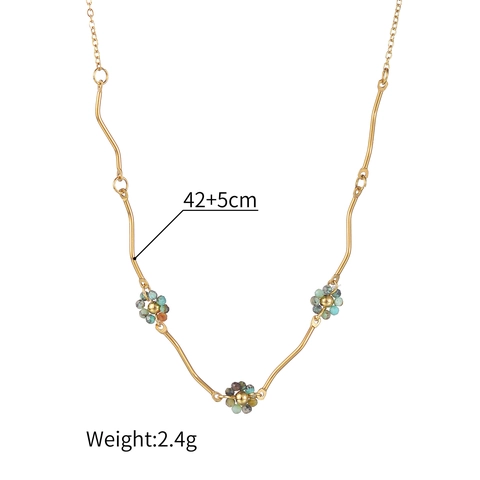 Vintage French Style Stainless Steel Necklace Minimalist Gold Plated Wavy Chain Colored Beaded Flower Pendant For Women
