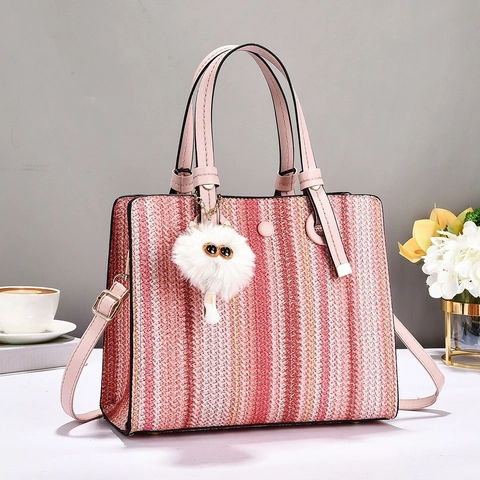 Borsa Tote A Righe In Pelle PU Intrecciata Grande Capacità Con Ciondolo A Gatto Stile Coreano Borsa A Spalla Versatile Da Donna