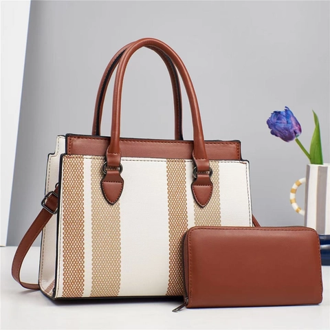Contrast Color Striped Handbag PU Leather Fabric Large Capacity Crossbody Fashion Tote And Wallet For Women Vintage Style