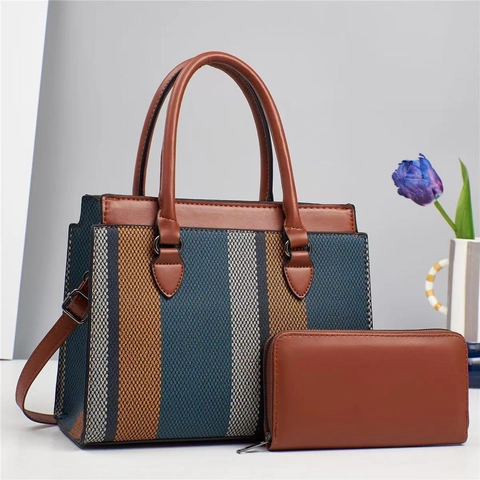 Contrast Color Striped Handbag PU Leather Fabric Large Capacity Crossbody Fashion Tote And Wallet For Women Vintage Style