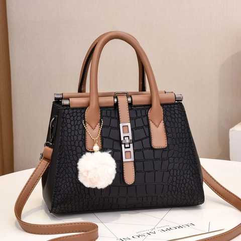 Bolso De Mano Para Mujer Patrón Cocodrilo Cuero Sintético Gran Capacidad Bolso De Hombro Con Pompón