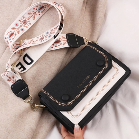 Borsa a Spalla da Donna in Pelle PU a Contrasto Piccola Borsa a Tracolla Quadrata Con Tracolla Ricamata Jacquard Handbag alla Moda