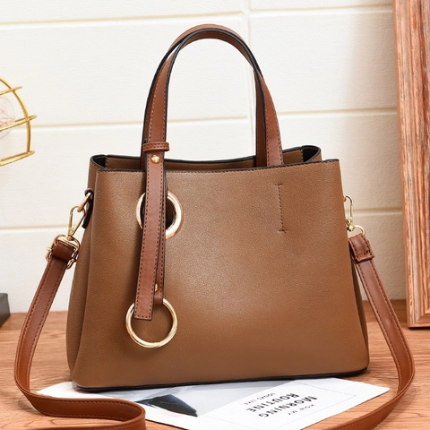 Borsa A Mano Moda Donna Pelle PU Colore A Contrasto Grande Tote Borsa A Spalla Tracolla Decoro Anello Oro Tendenza