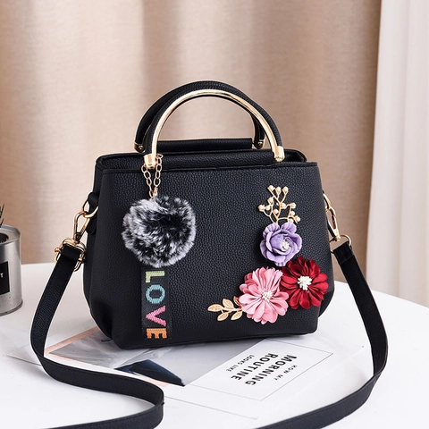 Fashion Women Handbag PU Leather Lychee Pattern 3D Flower Metal Handle Shoulder Crossbody Bag Pom Pom Keychain Accessory