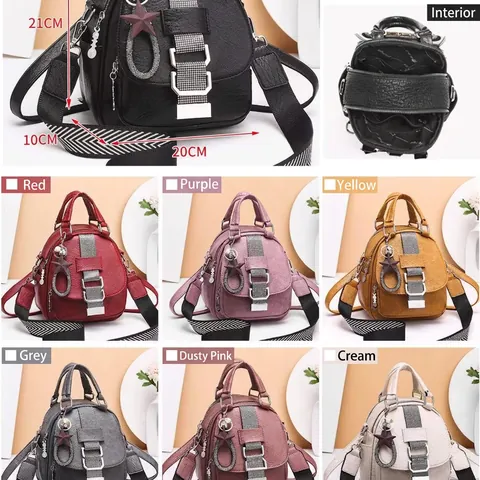 Women Fashion Mini Backpack PU Leather Handbag With Star Pendant Rhinestone Striped Strap Casual Korean Style