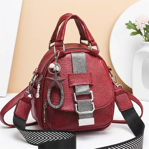 Women Fashion Mini Backpack PU Leather Handbag With Star Pendant Rhinestone Striped Strap Casual Korean Style
