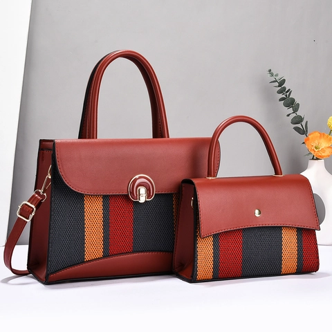 Borsa A Mano E Piccola Pochette Pelle PU Tessuto Intrecciato A Righe Colore A Contrasto Grande Capacità Borsa Tote