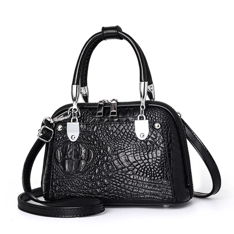 Retro Women Crocodile Pattern PU Leather Shoulder Bag Vintage Shell Handbag With Adjustable Strap Silver Hardware
