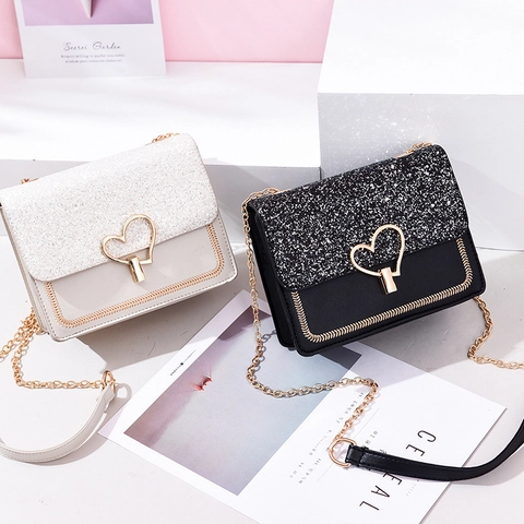 Women's Crossbody Bag Sequin Flap PU Leather Heart Shaped Lock Chain Shoulder Strap Elegant Small Square Bag
