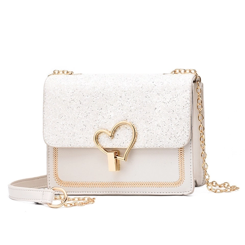 Women's Crossbody Bag Sequin Flap PU Leather Heart Shaped Lock Chain Shoulder Strap Elegant Small Square Bag