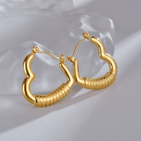 Gold Plated Stainless Steel Heart Hoop Earrings For Women With Titanium Steel Earring Post Textured Lava Pattern Jewelry