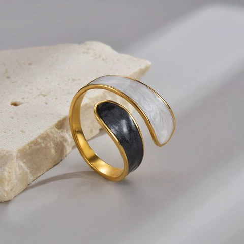 Anello Aperto Minimalista In Acciaio Inossidabile Placcato Oro Texture Marmo Smalto Regolabile Gioielli Da Dito Donna