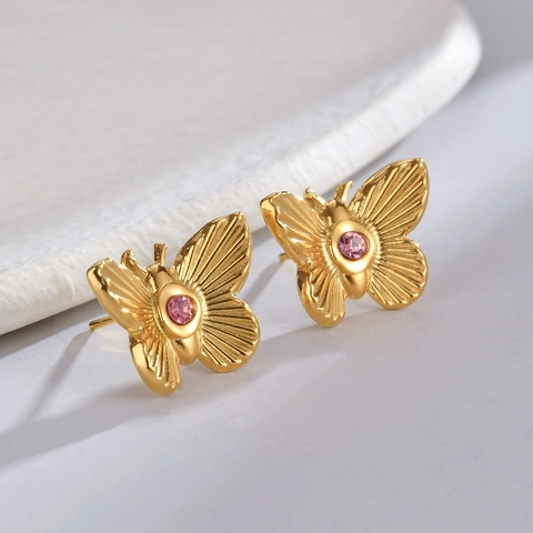 Butterfly And Geometric Stud Earrings 18K Gold Plated Stainless Steel With Zircon Malachite Turquoise For Women Vintage