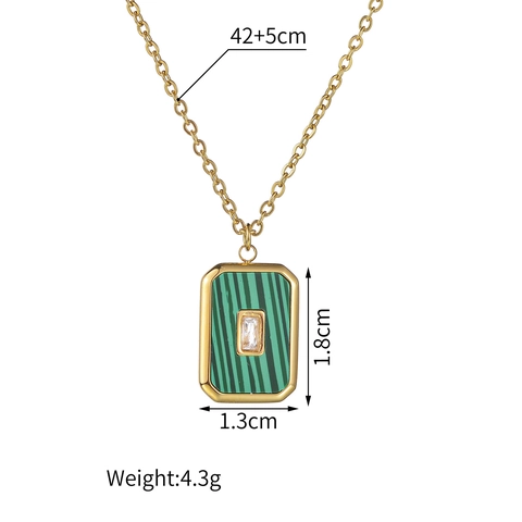 Vintage French Square Pendant Necklace Stainless Steel Zircon Mother of Artificial Pearl Malachite Enamel Minimalist Jewelry For Women