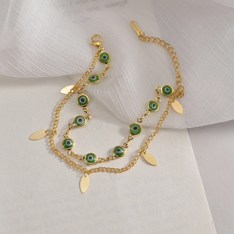 Zweischichtiges Edelstahlarmband Mit Grünen Evil Eye Perlen Und Goldblattanhängern Im Bohemia Stil Für Damen 14K Vergoldet