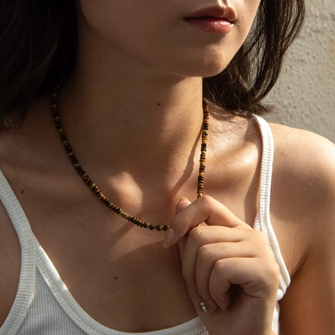 Beaded Necklace With Stainless Steel And Tiger Eye Stone 14K Gold Plated Vintage Ethnic Style Jewelry For Women