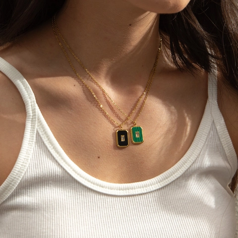 Vintage French Square Pendant Necklace Stainless Steel Zircon Mother of Artificial Pearl Malachite Enamel Minimalist Jewelry For Women