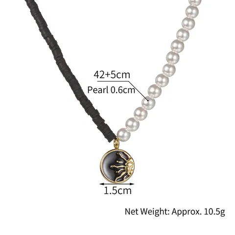 Stainless Steel Sun Pendant Necklace For Women Fashion Imitation Artificial Pearl Heishi Bead Patchwork Neck Chain Bohemian Jewelry