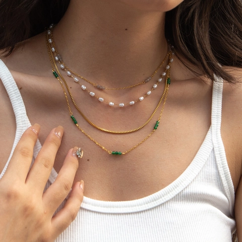 Collier Multi-Rangs Acier Inoxydable Künstliche Perle Vert Gris Künstliche Perles Chaîne Empilable Bijoux Pour Femmes Style Dopamine Élégant