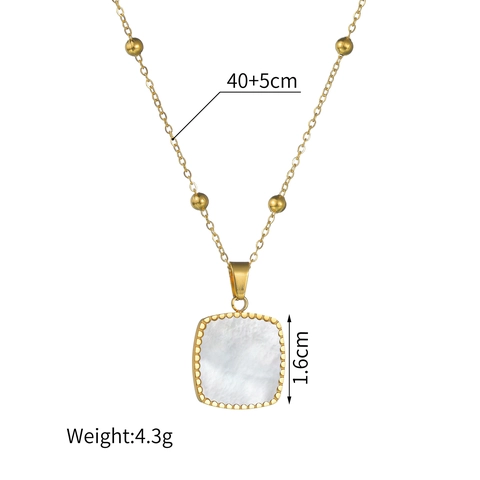 Stainless Steel Square Mother Of Artificial Pearl Pendant Necklace And Leverback Earrings Geometric Beaded Chain Jewelry For Women