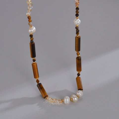 Tiger Eye Stone And Freshwater Pearl Beaded Necklace For Women Retro Handmade Crystal Stainless Steel Jewelry