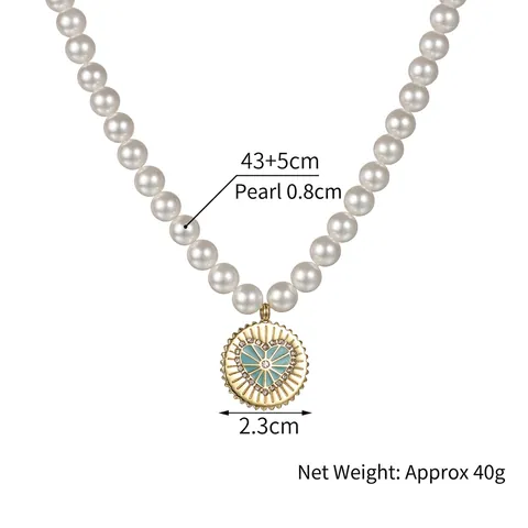 Vintage French Style Imitation Artificial Pearl Necklace Stainless Steel Medallion Enamel Heart Pendant For Women Elegant Jewelry