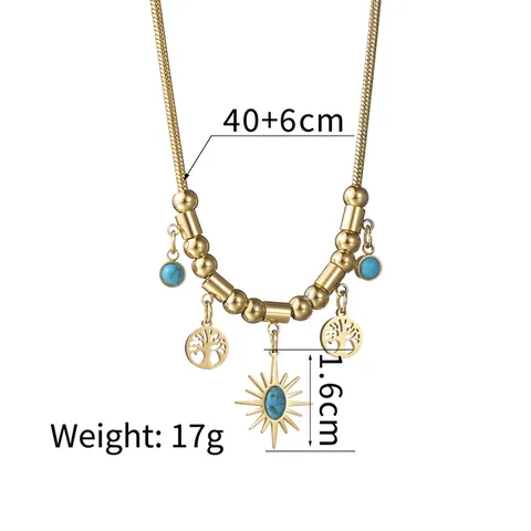Collana Pendente Albero Della Vita Sole Acciaio Inossidabile Placcato Oro Pietra Stile Turchese Catena Serpente Gioielli Donne