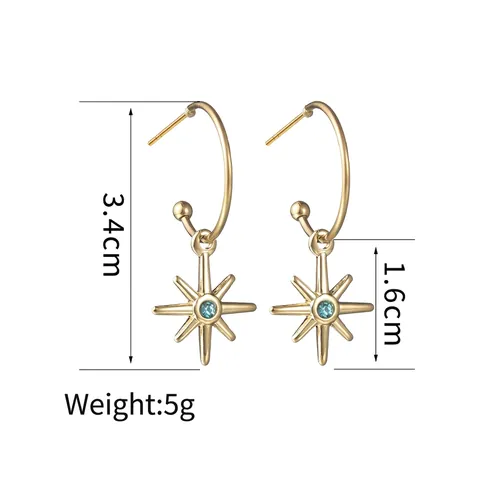 Eight Pointed Starburst Drop Earrings Gold Plated Stainless Steel Blue Zircon Pendant Dainty Minimalist Celestial Jewelry