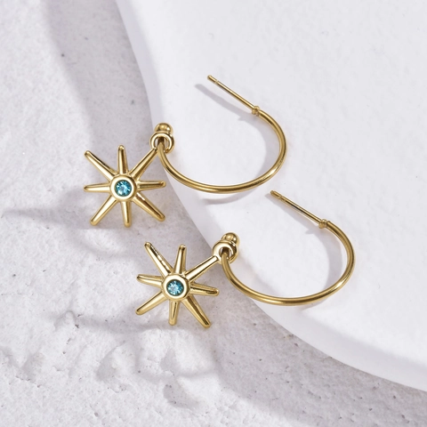 Eight Pointed Starburst Drop Earrings Gold Plated Stainless Steel Blue Zircon Pendant Dainty Minimalist Celestial Jewelry