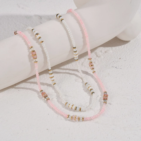 Double Layer Beaded Necklace Stainless Steel 14K Gold Plated Pink White Colorful Geometric Bohemian Jewelry For Women