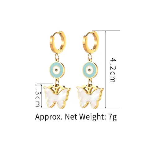Stainless Steel 14K Gold Plated Dangle Earrings For Women Blue Evil Eye Butterfly Enamel Charm Long Chain Niche Design