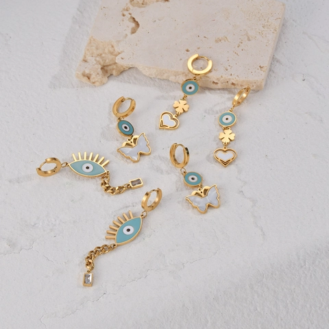 Stainless Steel 14K Gold Plated Dangle Earrings For Women Blue Evil Eye Butterfly Enamel Charm Long Chain Niche Design