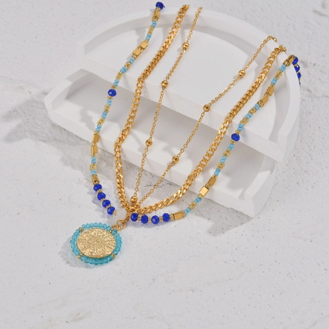 Collana Multistrato In Acciaio Inossidabile Placcato Oro 14K Per Donna Con Ciondolo A Moneta Tonda Vintage E Perline