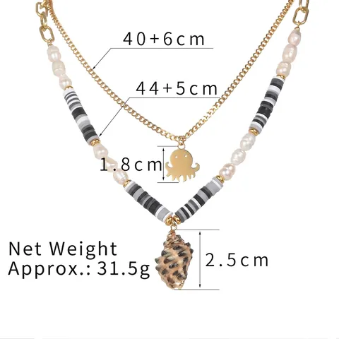 Collana Doppio Strato Acciaio Inossidabile Placcato Oro 14K Ciondolo Polpo Conchiglia Perla Artificial Perline Heishi Stile Oceano Donna
