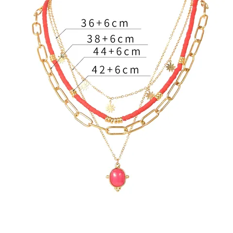 Collana A Strati Oro 14K Acciaio Inossidabile Argilla Polimerica Rossa Ciondoli Fiori Pendente Pietra Ovale Rosa Gioielli