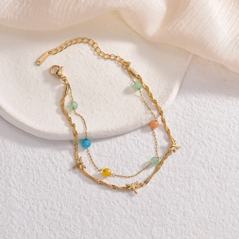 Doppellagiges Edelstahlarmband Mit Bunten Perlen Und Libellenanhängern Vergoldeter Retro-Schmuck Für Damen