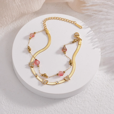 Double Layer Butterfly Bracelet 14K Gold Plated Stainless Steel Pink Beaded Snake Chain For Women Cubic Zirconia Elegant