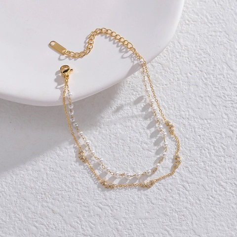 Bracciale Di Künstliche Perle A Strati In Acciaio Inossidabile Placcato Oro Ciondolo A Stella Strass Stile Coreano Gioielli Eleganti Donna