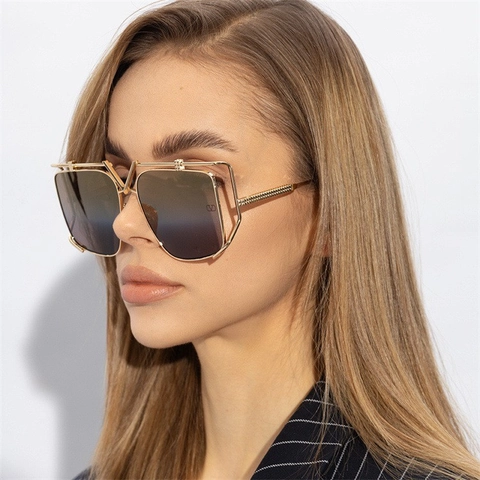 Luxury Metal Oversized Square Sunglasses Women Men Retro V-Shaped Bridge Design UV400 Protection Gradient Lens Eyewear