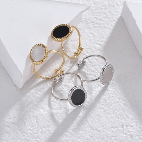 Anillo De Acero Inoxidable Con Nácar Ovalado Agata Negra Minimalista Borde Trenzado Geométrico Ajustable Para Mujer