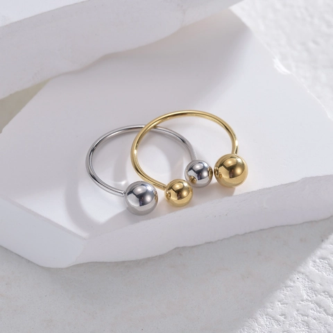 Minimalist Stainless Steel Adjustable Open Ring Double Ball Geometric Design Chic Versatile Jewelry Accessories For Women