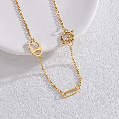 Geometric Toggle Clasp Necklace Gold Plated Stainless Steel Pig Nose Link Minimalist Trendy Jewelry For Women