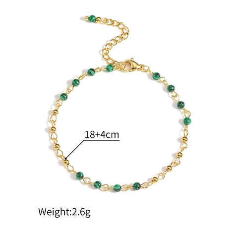 Stainless Steel Beaded Bracelet Green Malachite Texture Minimalist Gold Plated Adjustable Jewelry For Women