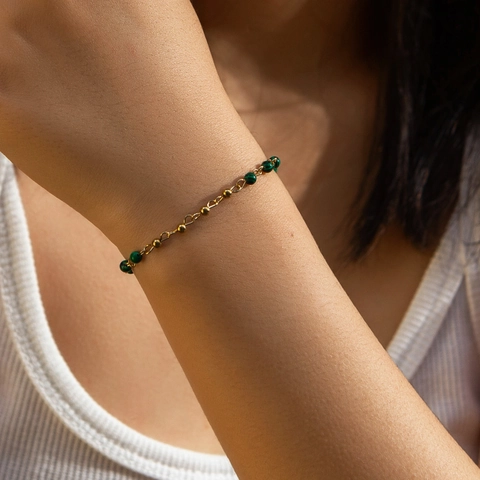 Stainless Steel Beaded Bracelet Green Malachite Texture Minimalist Gold Plated Adjustable Jewelry For Women