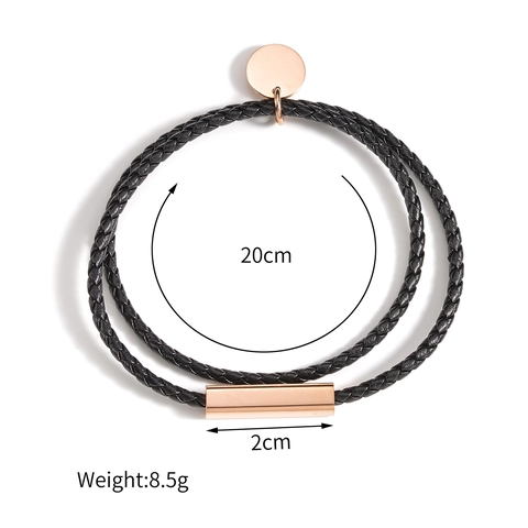 Bracciale In Pelle Intrecciata Minimalista Con Pendente Tondo In Acciaio Inossidabile E Tubo Di Metallo Doppio Strato Unisex
