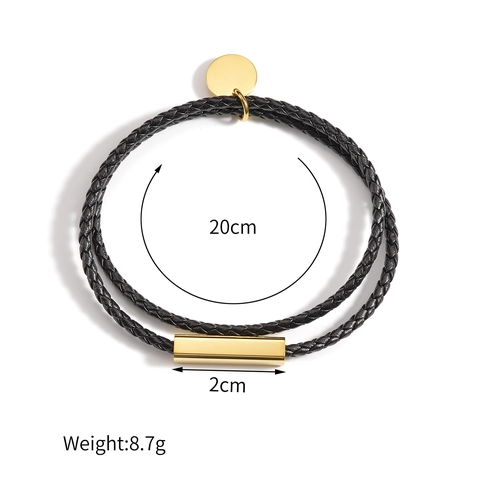 Bracciale Doppio Giro In Pelle Intrecciata Minimalista Con Ciondolo Rotondo In Acciaio Inossidabile Placcato Oro Gioiello Unisex